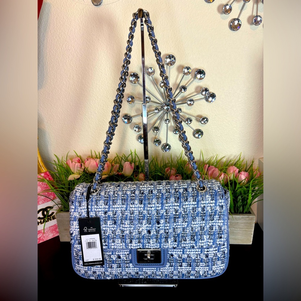 Karl Largerfeld NWT Blue Tweed Chain Shoulder Bag